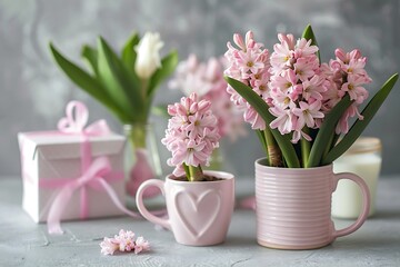 Pink hyacinths in pots and gift boxes on light background