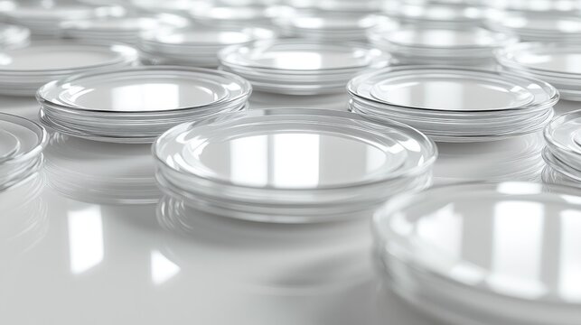 A minimalist arrangement of transparent, curved glass panels laid out in a grid pattern on a soft gradient background.