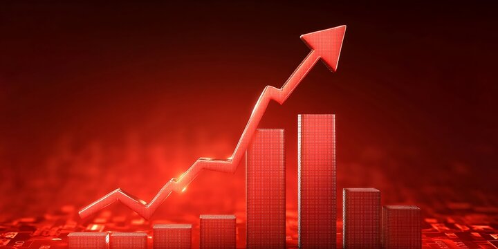 Growth arrow financial crisis money business market chart on red impact background with global economy stock 3d graph crash down or investment decrease recession profit and bankruptcy finance price