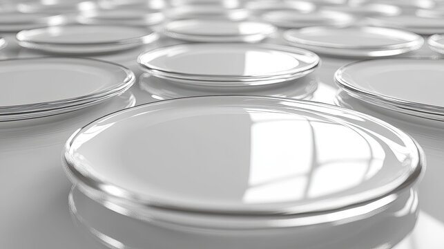 A minimalist arrangement of transparent, curved glass panels laid out in a grid pattern on a soft gradient background.