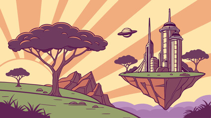 Futuristic Islandscape: Floating Urban Elements and Sci-Fi Nature in a Radiant Sunset Gradient Background with Glowing Clouds and Abstract Surreal Atmosphere