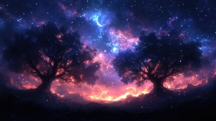Fototapeta premium Two Majestic Trees Underneath a Starry Night Sky