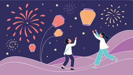 Festival Glow Wonderland: Lively Vector Background with Radiant Fireworks, Glowing Lanterns, and Vibrant Abstract Ribbons in a Dynamic Celebration Design