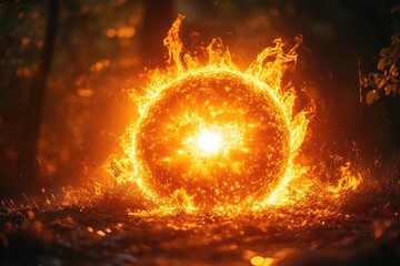 Obraz premium A blazing fireball illuminates the dense forest, highlighting the surrounding trees and foliage