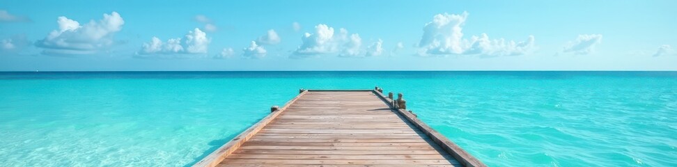Rustic wooden dock extends over serene blue ocean under clear sky , sky, background