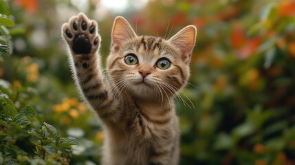 A curious cat trying to catch a flower
