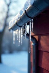 Icicles glisten on metal pipes under the eaves, early winter, icicles