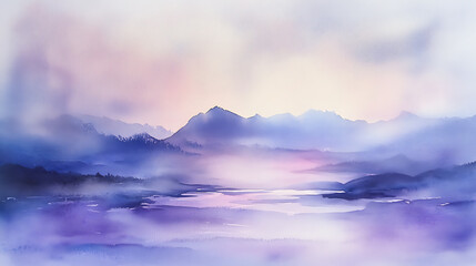Obraz premium Serene sunrise over mountains nature landscape artistic watercolor peaceful environment aerial perspective
