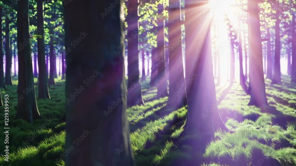 Poster a dreamlike forest where the trees have translucent trunks, and light filters through them in rainbo