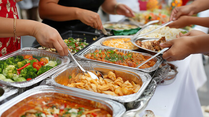 Obraz premium A vibrant potluck spread with diverse dishes, showcasing communal enjoyment and cultural flavors
