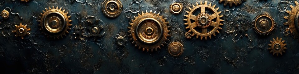  Cluster of interlinked gears arranged symmetrically with intricate engravings. Diffused lighting highlights their fine craftsmanship and industrial precision.
