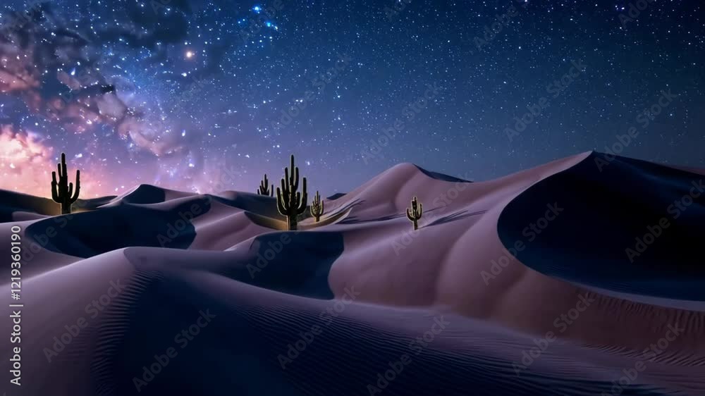 Poster a desert scene where shifting sand dunes form geometric patterns and giant cacti emit a faint, magic