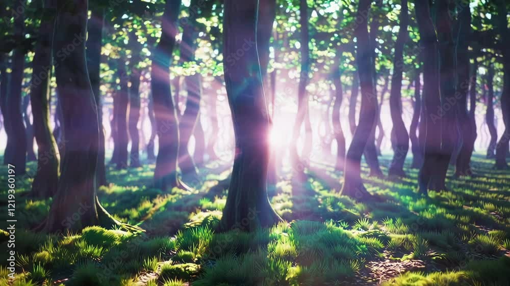 Poster A dreamlike forest where the trees have translucent trunks, and light filters through them in rainbow hues, casting vibrant shadows.
