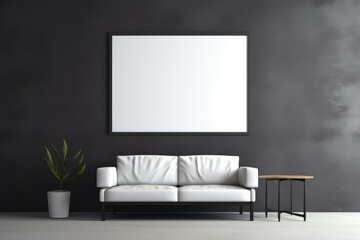 Modern interior design of a living room featuring a white sofa, a small coffee table, a potted plant, and a large blank frame mockup against a dark gray wall