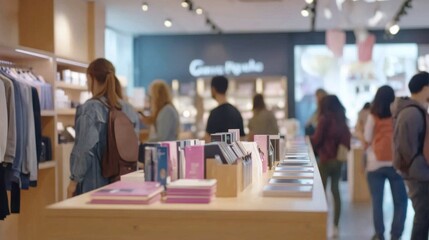 Fototapeta premium Customer Service Desk with Shoppers in Warm Lighting
