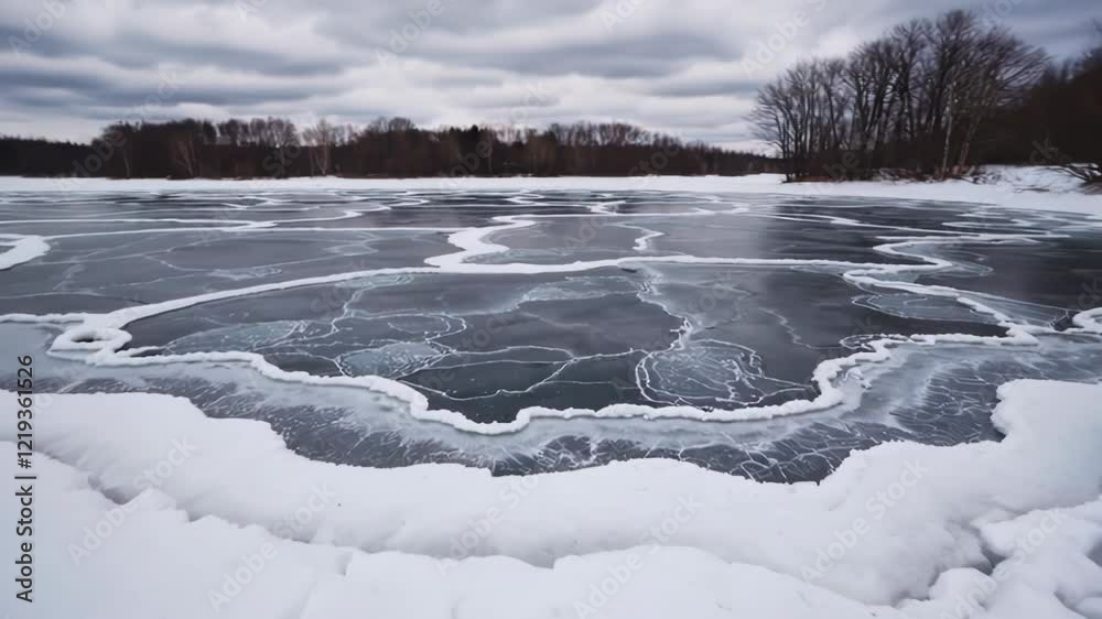 Poster a frozen lake with intricate ice patterns and snow-covered edges, surrounded by a quiet, barren wint
