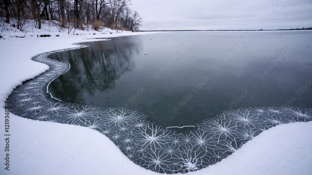 Poster A frozen lake with intricate ice patterns and snow-covered edges, surrounded by a quiet, barren winter landscape.

