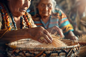 Elderly artists intricately weaving baskets using traditional techniques and natural materials.