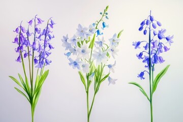 Obraz premium Three types of blue and white flowers displayed on a surface