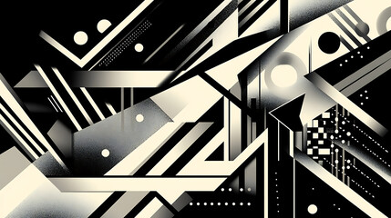 Dynamic geometric patterns abstract art digital graphics monochrome wide view modern aesthetic