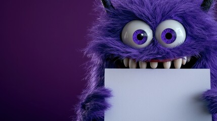 Fototapeta premium A cheerful purple monster with big eyes and sharp teeth is smiling while holding a blank sign. The vibrant background enhances the playful atmosphere, inviting curiosity and fun