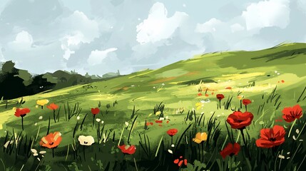 Sunny meadow with red poppies and wildflowers on a green hill.