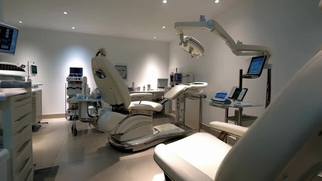 Modern dentist office: chair movement and equipment in bright clinical setting