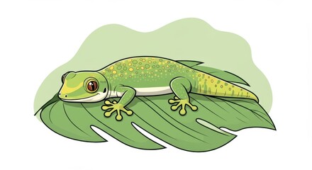 Cute cartoon green gecko standing upright on a simple light green background. 
