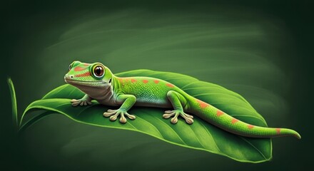 Fototapeta premium Cute cartoon green gecko standing upright on a simple light green background. 