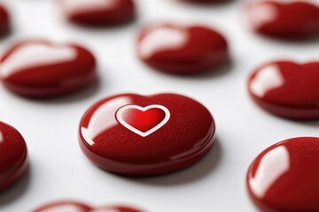 A small red button featuring a white heart symbol, suitable for use in designs related to love, romance, or as a decorative element