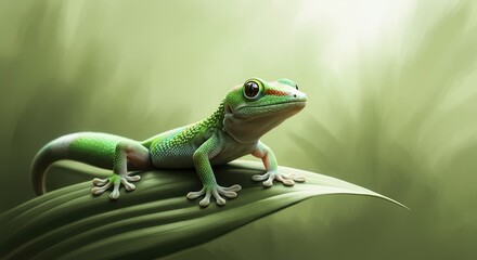Cute cartoon green gecko standing upright on a simple light green background. 