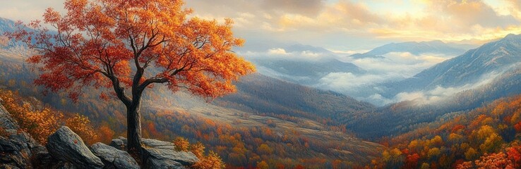 Autumn Tree Stands Tall Over Misty Mountain Range