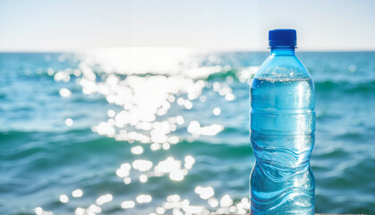 World Water Day plastic bottle against ocean backdrop, environmental awareness