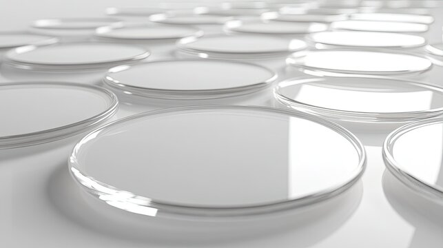 A minimalist arrangement of transparent, curved glass panels laid out in a grid pattern on a soft gradient background.