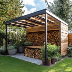 Modern wooden garden shed with firewood storage and seating area