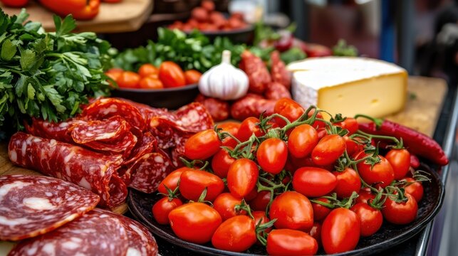A vibrant market stall displays an array of fresh ingredients. Red tomatoes, cured meats, garlic, and cheese are artistically arranged under a clear blue sky, enticing shoppers - Powered by Adobe