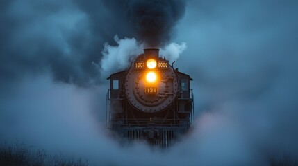 A vintage steam locomotive approaches through heavy fog during twilight. The train's bright headlight cuts through the mist, creating an atmospheric and dramatic scene