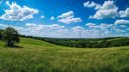 Obraz premium Green rolling hills under summer clouds with wind turbines in countryside