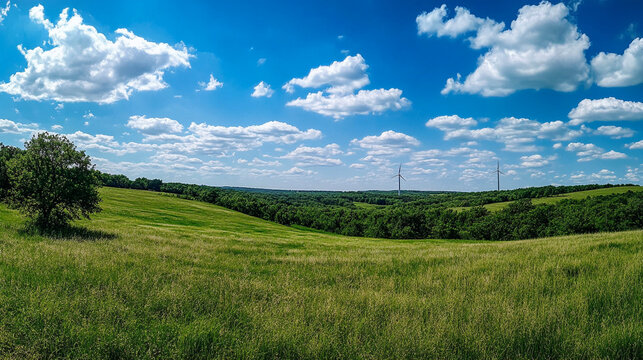 Green rolling hills under summer clouds with wind turbines in countryside