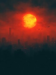 Crimson Cityscape: A Fiery Sunset Over a Smog-Shrouded Metropolis
