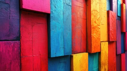 A vibrant abstract composition of stacked rectangular blocks in various colors,