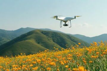 Fototapeta premium Drone Flying Over Yellow Flower Field and Rolling Green Hills