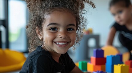 A young girl with curly hair smiles while engaging with colorful building blocks in a cheerful indoor environment. Another child plays in the background, adding to the playful atmosphere