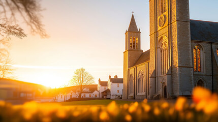 Obraz premium A stunning sunset view of St. David's Cathedral with daffodils in the foreground