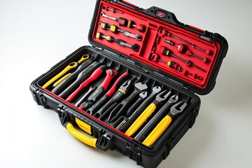 Open toolbox with tools, repair kit, workshop, white background, DIY project