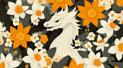 Obraz premium A beautifully detailed illustration of a St. David’s Day dragon surrounded by daffodils and flowers