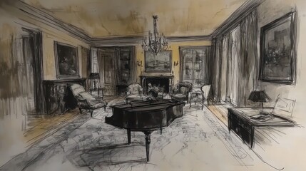 Elegant Living Room Sketch: A Monochromatic Masterpiece