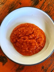 Dish of freshly made hot chilli sauce seen from above
