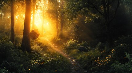 Obraz premium Magical Sunlit Forest Path Leading to a Rustic Cabin