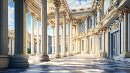 Fototapeta premium Exquisite hallway design with reflective marble flooring and ornate chandelier lighting